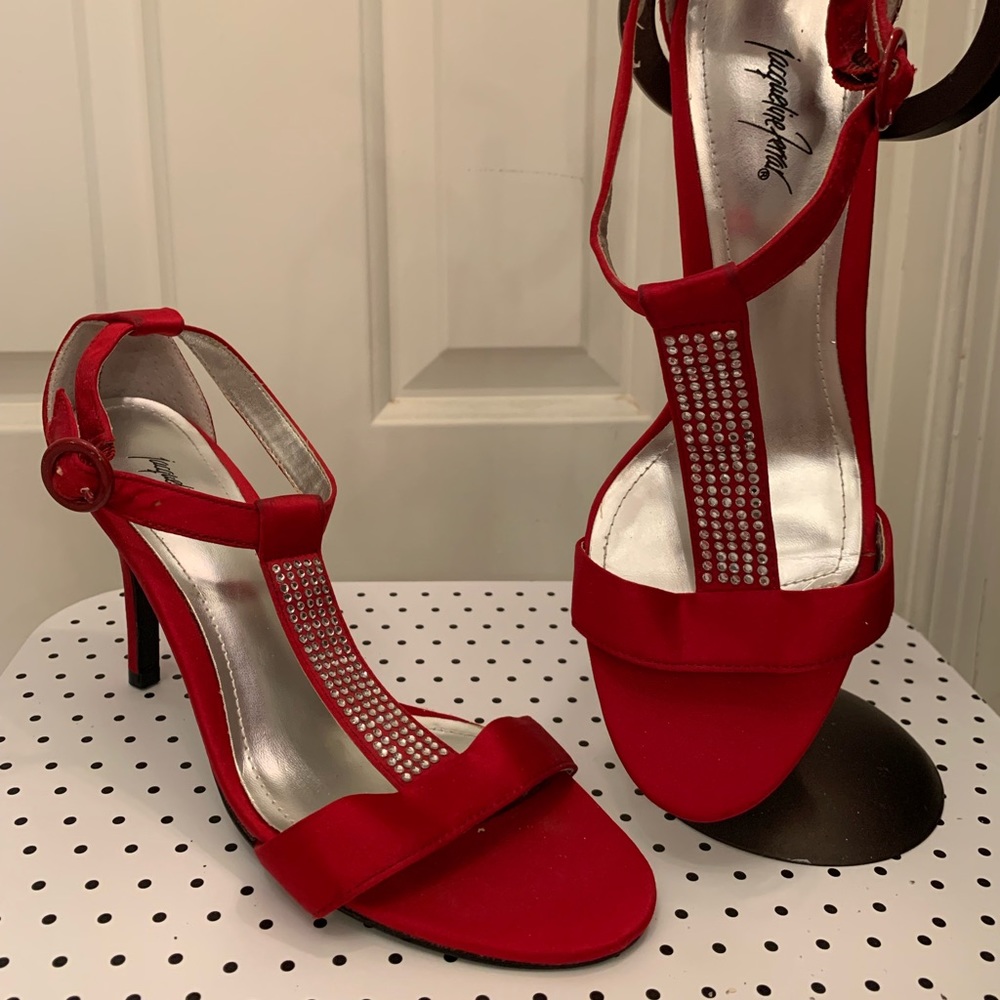 Jaqueline Ferrar Red Satin Heels w/ Rhinestone Embellishments Size 7.5